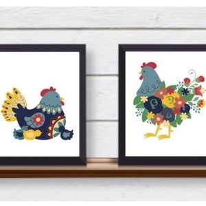 Set of 2 Folk Art Chickens Country Farmhouse Kitchen UNFRAMED Wall Art Prints